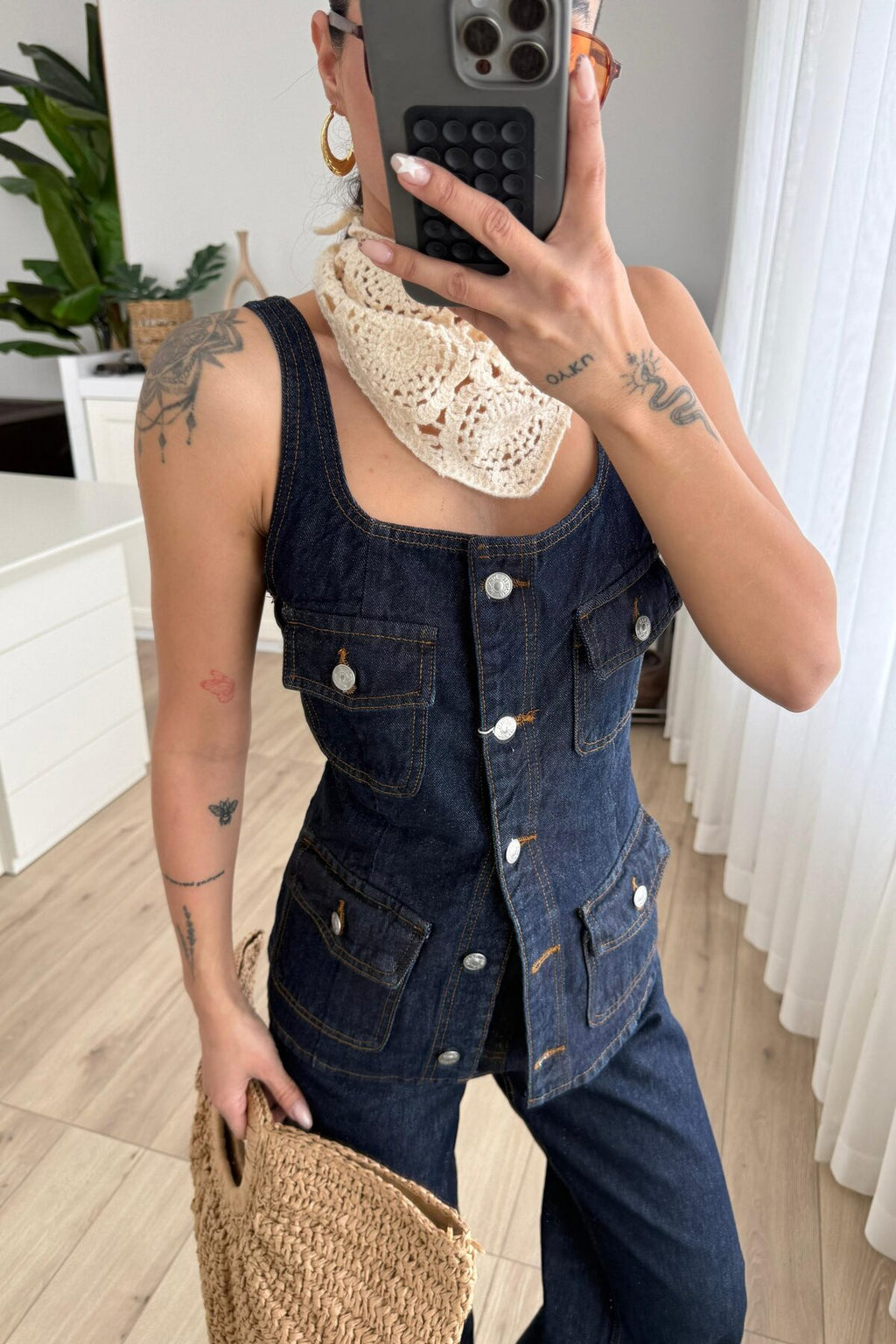 Çok Cepli Denim Yelek