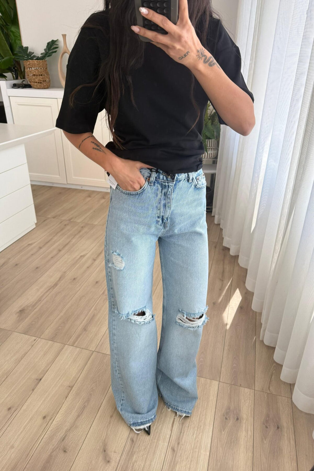 Dizi Yırtık Wide Leg Mavi Jean