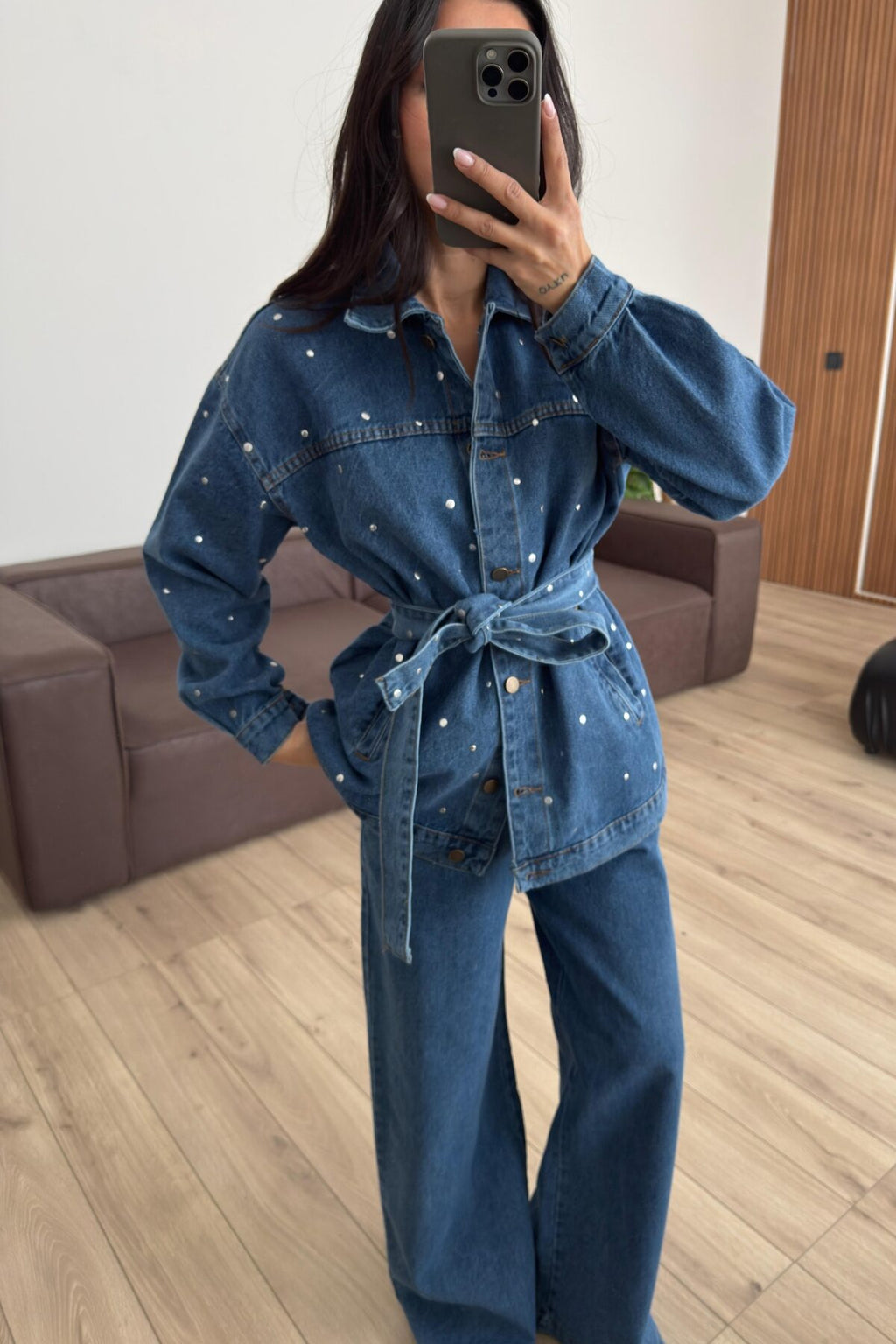 Zımbalı Denim Gömlek Pantolon Takım