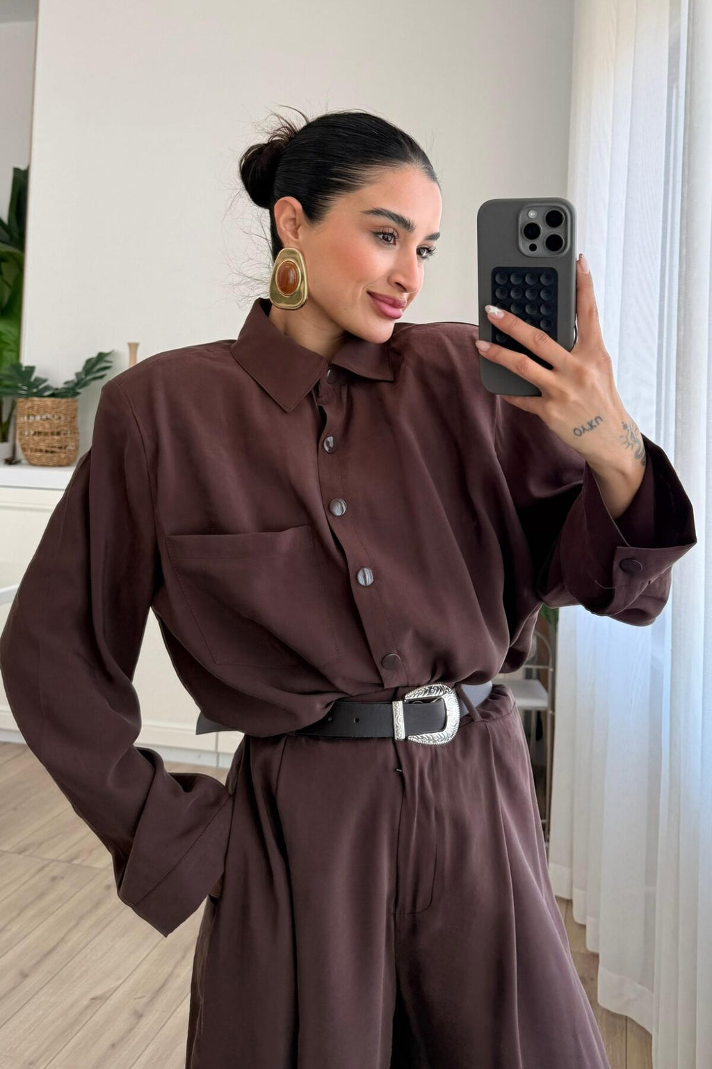 Çıtçıtlı Gömlek Kemerli Şalvar Pantolon Takım