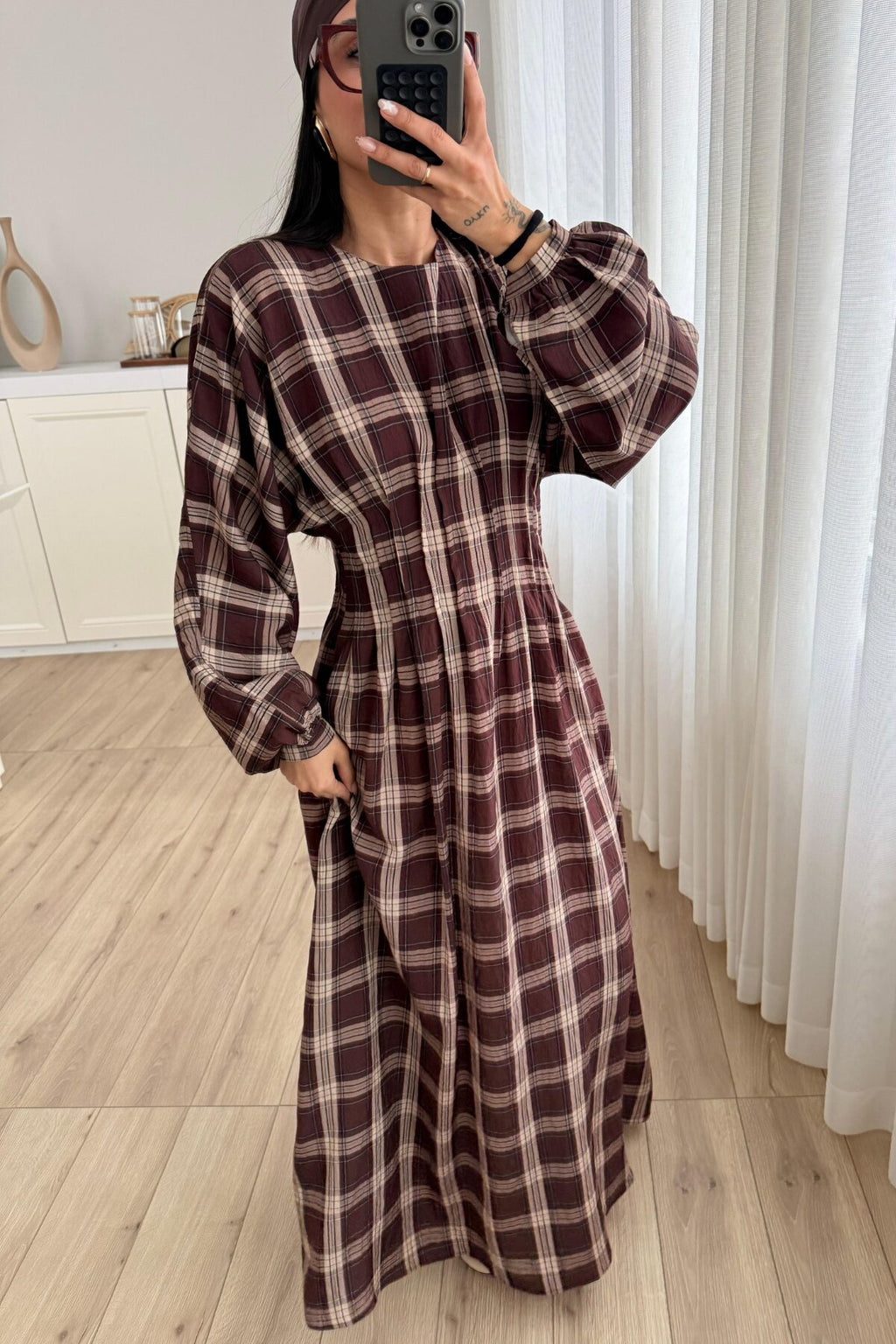 Pile Detaylı Ekose Elbise