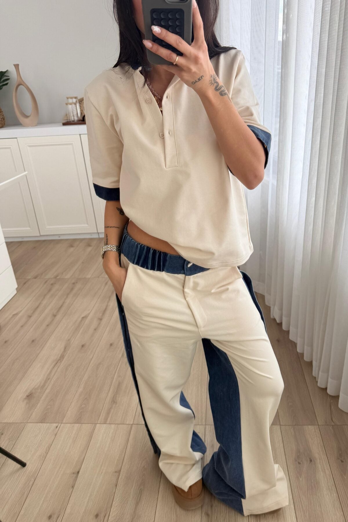 Denim Detaylı Hakim Yaka Takım