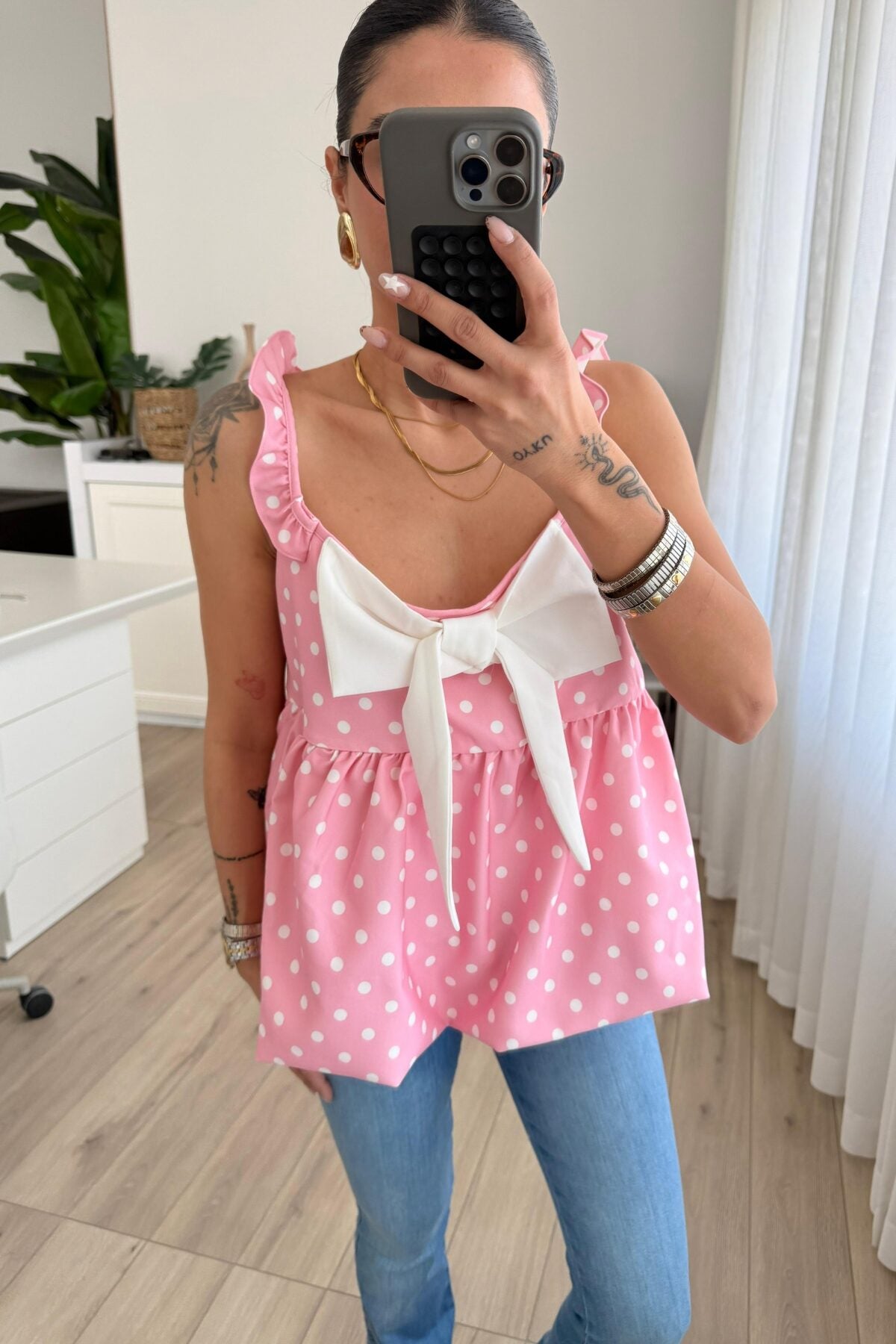 Fiyonk Detaylı Puantiyeli Balon Bluz