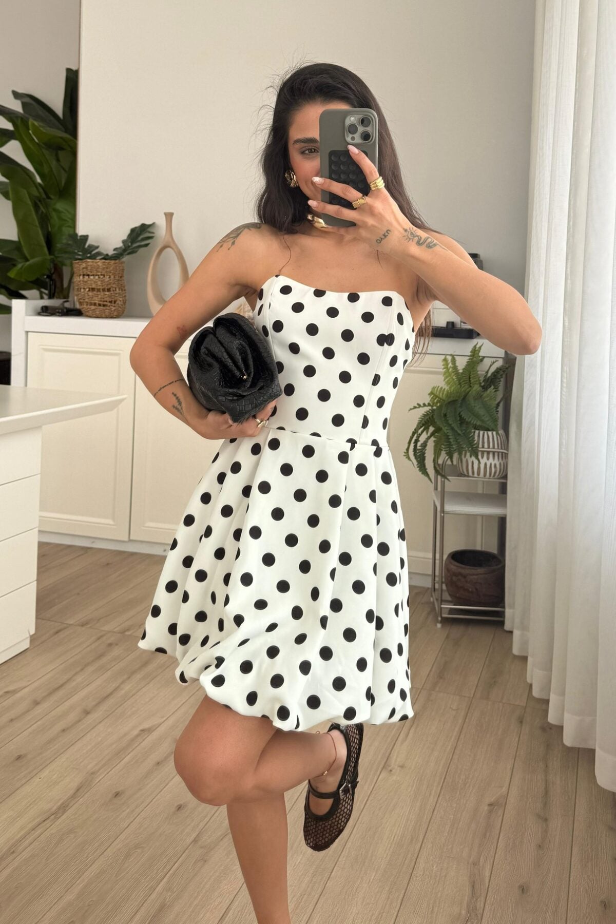 Puantiyeli Mini Balon Elbise