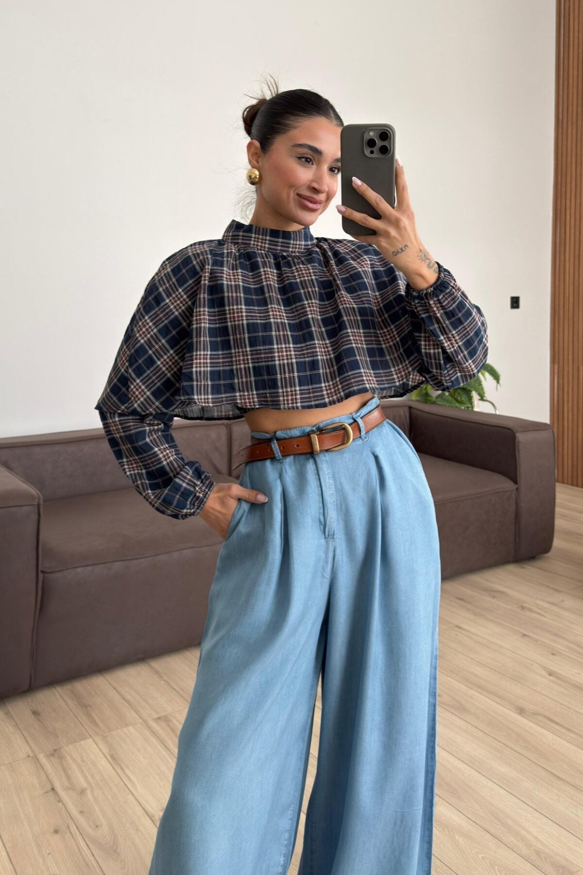 Yakalı Ekose Uzun Kol Crop